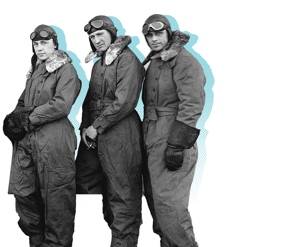 Three air mail pilots stand in a row.
