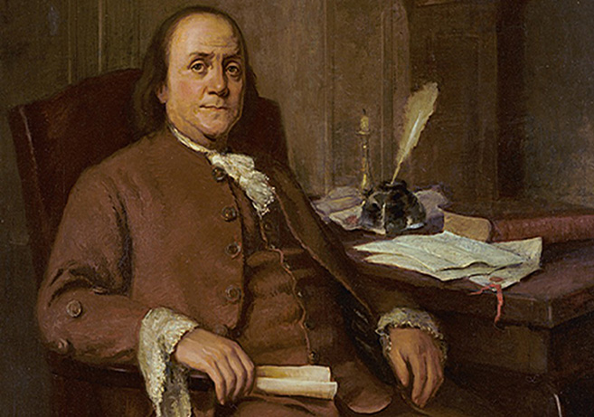 A colorful painting featuring Benjamin Franklin sitting at a desk and holding a paper scroll.