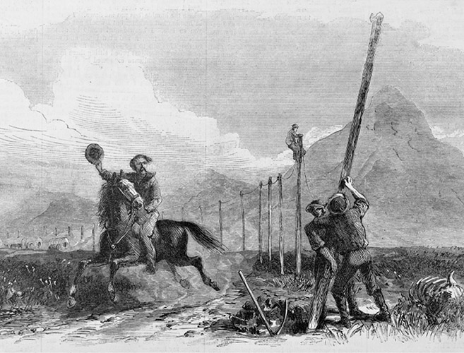 A black-and-white drawing of four men working to put up utility poles in the countryside.