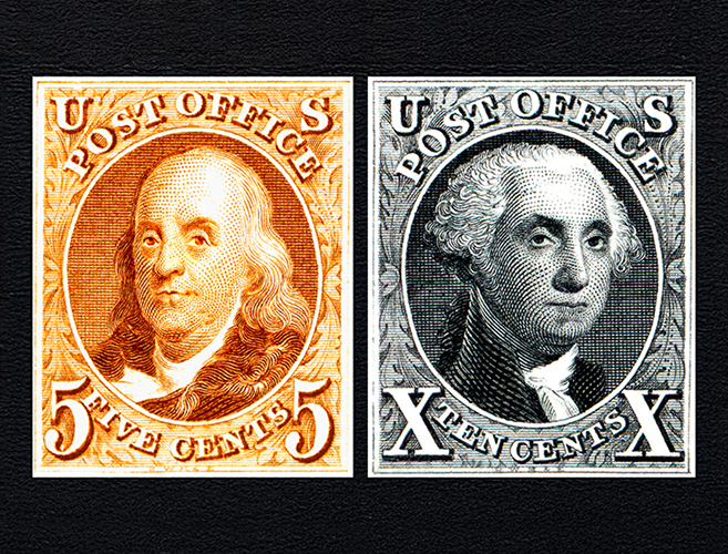 A 5-cent stamp featuring a portrait of Benjamin Franklin and a 10-cent stamp featuring a portrait of George Washington, displayed side by side.