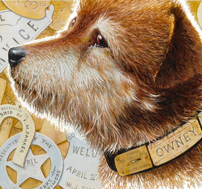 A colorful drawing of Owney the Postal Dog's face looking to its side.