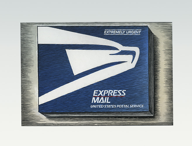 A black, white, and blue drawing featuring the head of an eagle in flight and the words Express Mail.