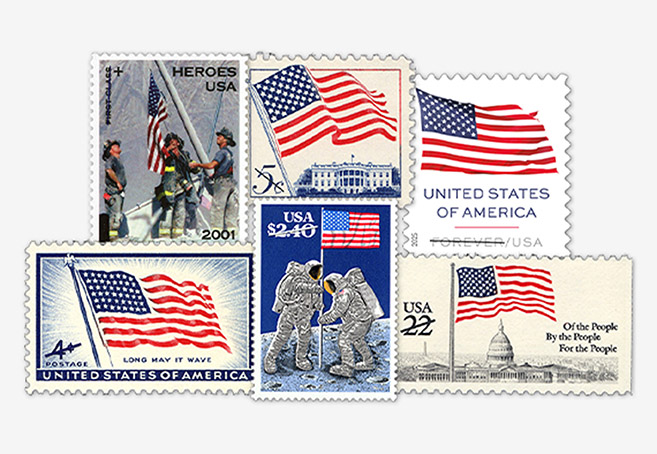 A set of colorful stamps featuring the U.S. flag.