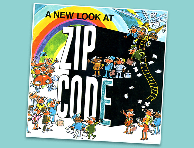 A colorful illustration featuring multiple groups of people waiting for their mail, with the words "A New Look at ZIP Code" in the center.
