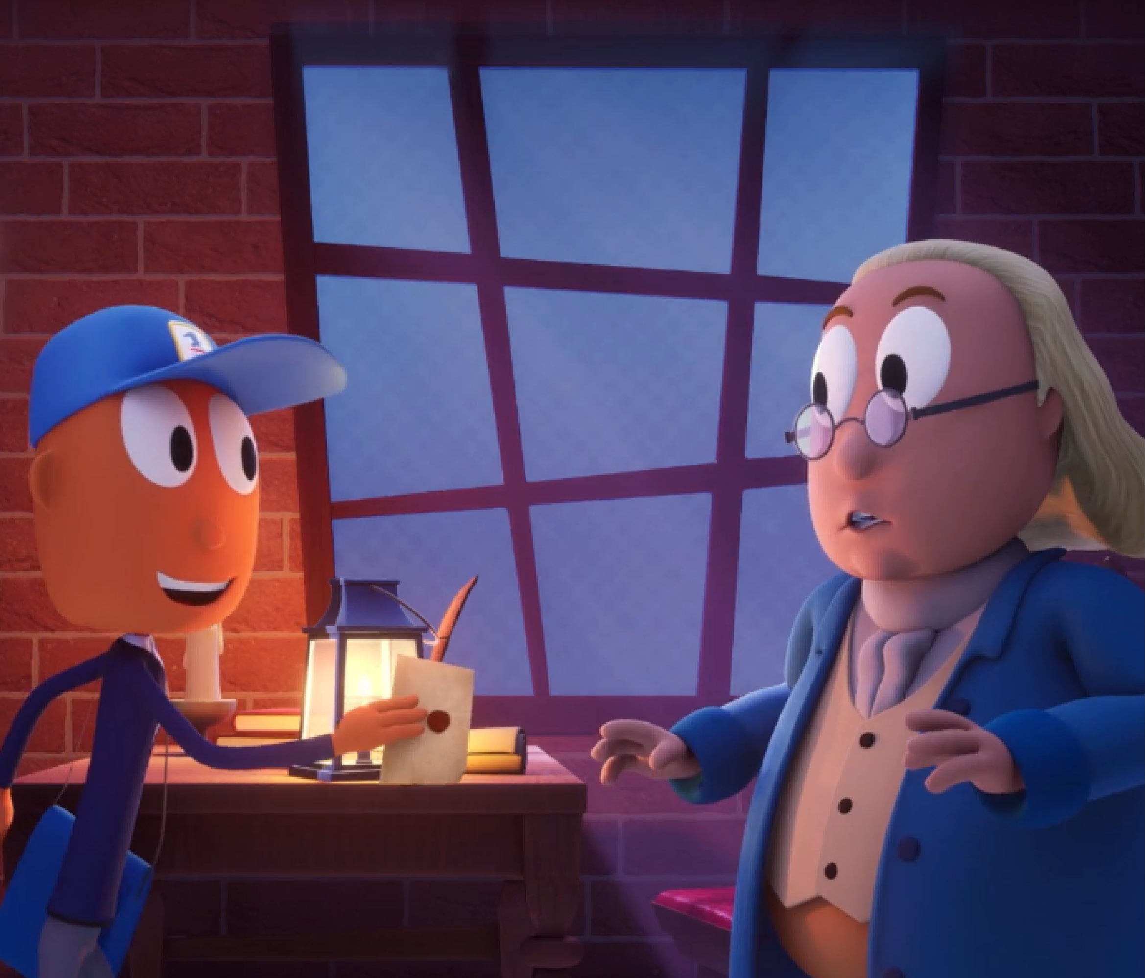 An illustration of Mr. ZIP handing Benjamin Franklin a letter.