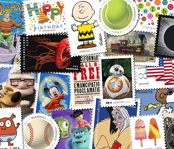A collage of past stamps issued by USPS.