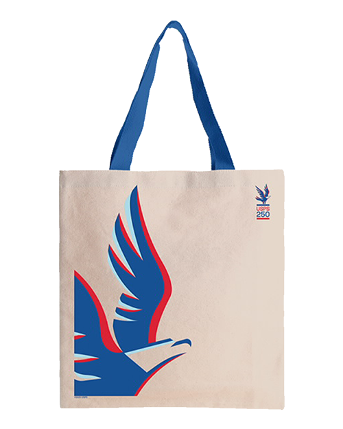 A canvas tote with a print of an eagle in flight in the lower left corner.