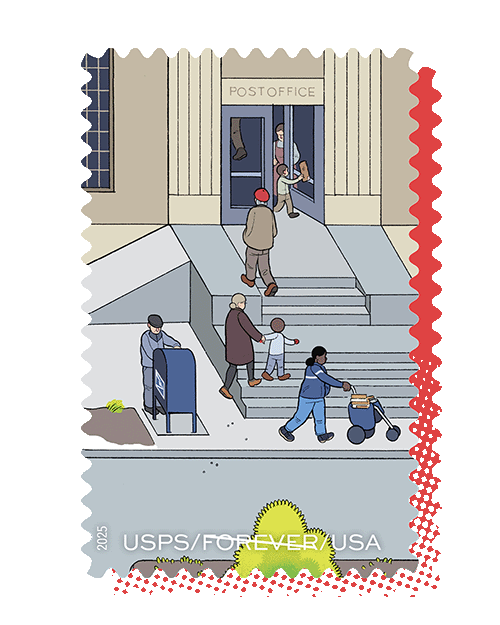 An illustrated Forever® stamp depicting people going about their day outside of a Post Office™ location.