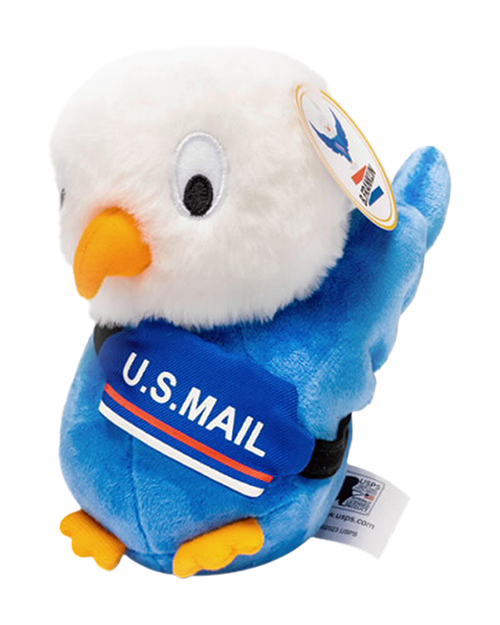 A plush toy representing B. Franklin the eagle with a U.S. Mail hip pack worn across the shoulder.