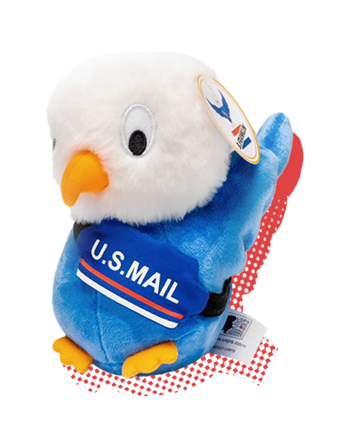 A plush toy representing B. Franklin the eagle with a U.S. Mail hip pack worn across the shoulder.