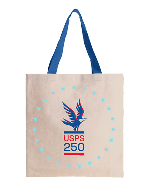 A canvas tote with a print of an eagle in flight and the words "USPS 250" in a circle of stars.