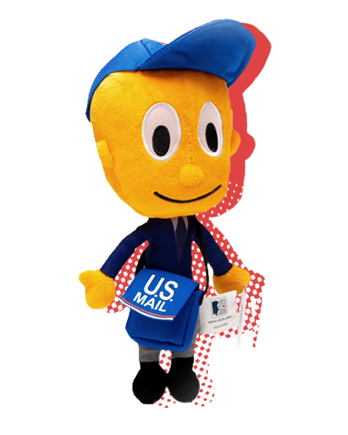 A plush toy representing Mr. ZIP with a blue crossbody mailbag and two letters in his hand.