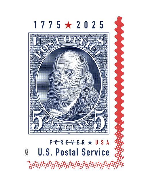 A five-cent postage stamp depicting a blue-and-white portrait of Benjamin Franklin with the years "1775" and "2025" displayed at the top.