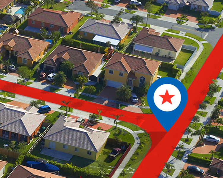 An aerial view highlighting a neighborhood postal route.