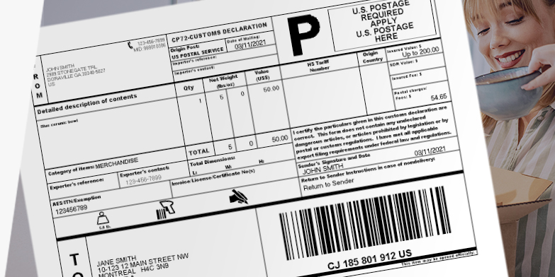 Formularios de aduana obligatorios, impresos desde una computadora, para un paquete que se envía fuera de los EE.UU.