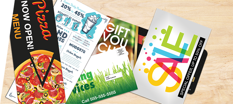 EDDM flyers and postcards promoting small business menus, services, and sales.