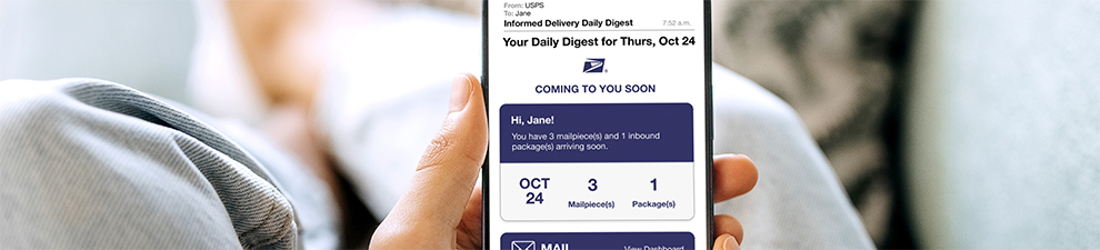 Informed Delivery notification email on a phone screen showing grayscale preview image of an incoming mailpiece marked RSVP, with the actual received mailpiece underneath.