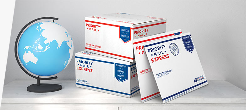 Cajas Priority Mail International y Priority Mail Express International Flat Rate para entrega rápida y USPS Tracking.