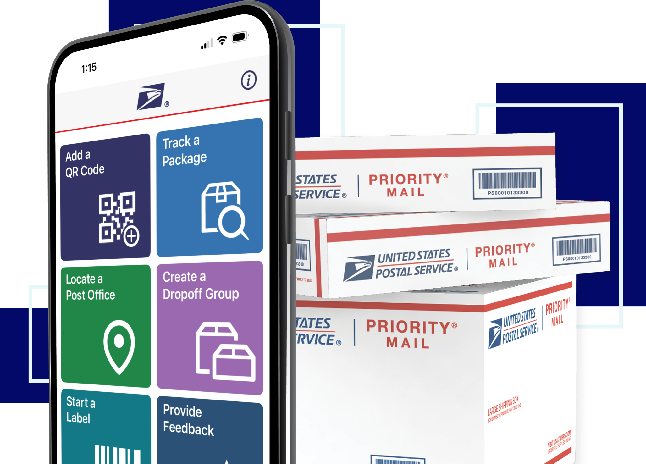 A smartphone displaying the USPS® Rapid Drop App with Priority Mail boxes behind it.