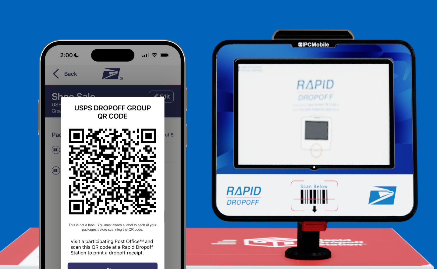 A mailing box and a smart phone showing the USPS® Rapid Drop App