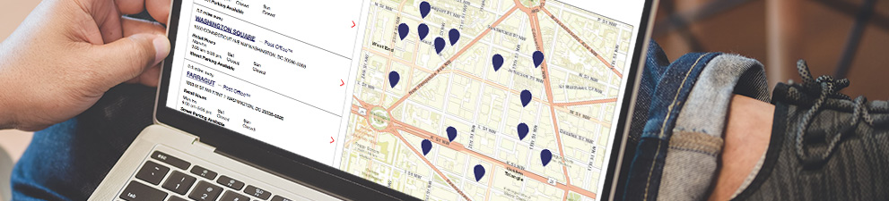 A person using the USPS Location Finder tool on a laptop to view a map of nearby Post Office locations.