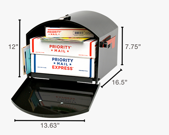 Package mailbox with measurements along the bottom and sides.