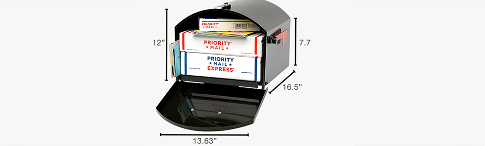 buzón de paquetes que muestra las dimensiones adecuadas, 3.63 pulgadas de ancho por 7.75 de alto a los lados, 12 pulgadas de alto en el centro por 16.5 pulgadas de profundidad.
