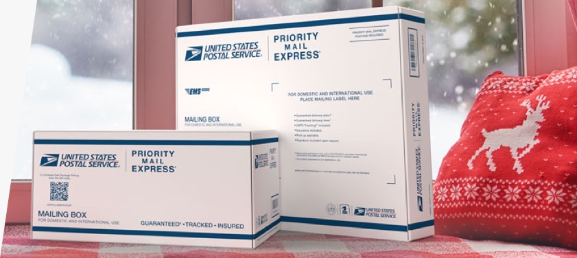 Cajas de Priority Mail Express® listas para el envío para las fiestas.