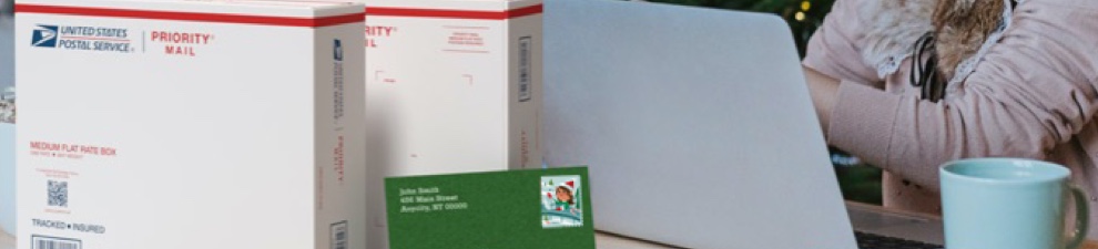 Una mujer en una computadora portátil preparándose para enviar cajas Priority Mail y una tarjeta con estampilla Forever® Holiday Elves.