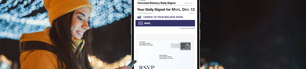 A woman viewing previews of her incoming letter-sized mail in an Informed Delivery Daily Digest email on her phone.