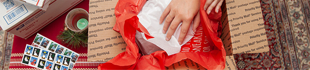 一个人正在打包节日包裹,桌子上放着 Priority Mail 包装盒和假日邮票。