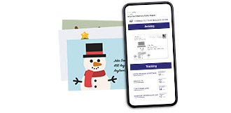 Seasonal cards available in the Postal Store and the Informed Delivery application on a smartphone.