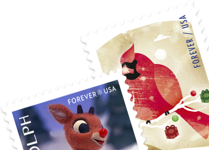 Holiday stamps showing Rudolph the Red Nosed Reindeer and a cardinal.