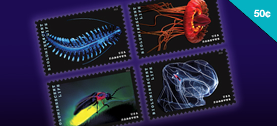 Image of 4 Bioluminescent Life Forever Stamps.