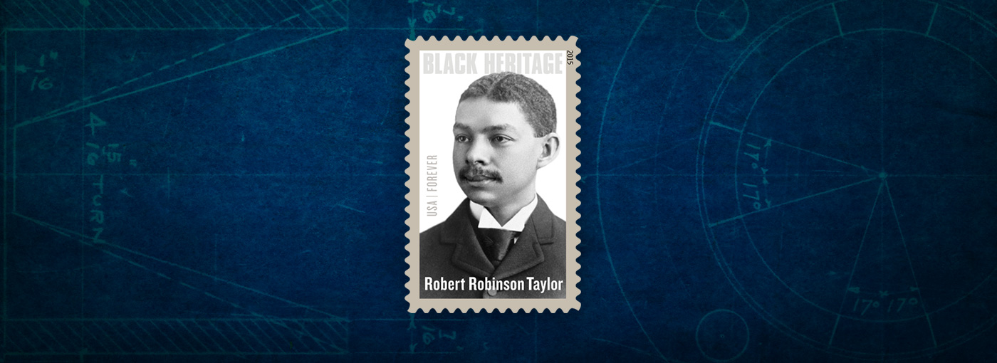 Portrait of Robert Robinson Taylor with Black Heritage Forever text on white background