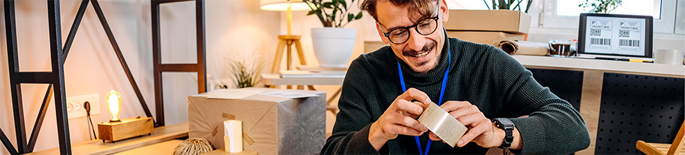 Customer with shipping boxes around them holding an item from an open shipping box nearby.