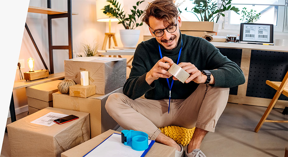Customer with shipping boxes around them holding an item from an open shipping box nearby.