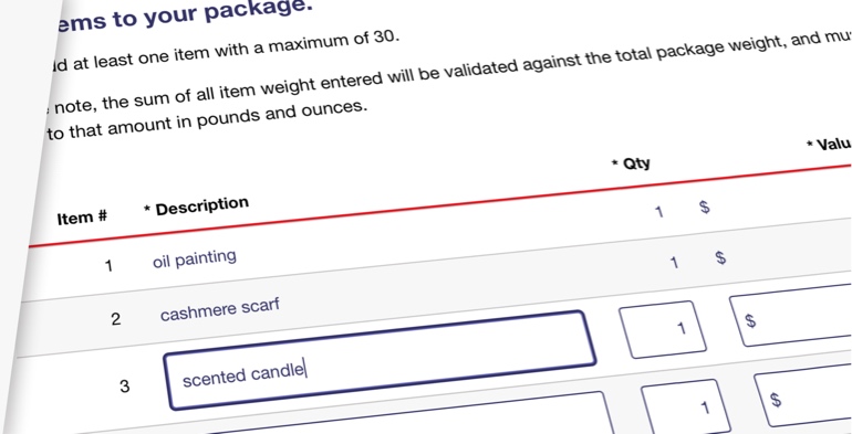 Form for new EU customs requirements being filled out to include oil painting, cashmere scarf, and scented candle.