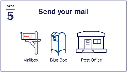 Step 5: Send your mail by putting it in your mailbox, Blue Box, or Post Office.