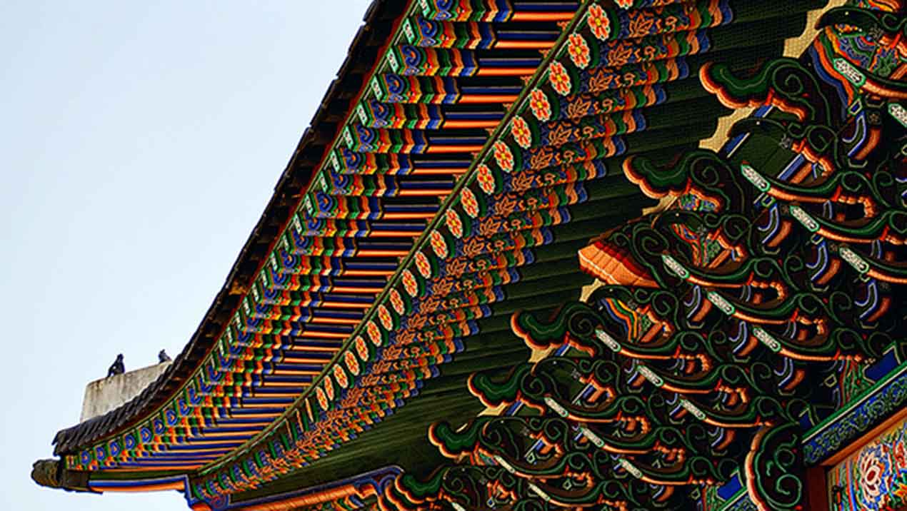 Close-up view of a colorful Chinese pagoda.