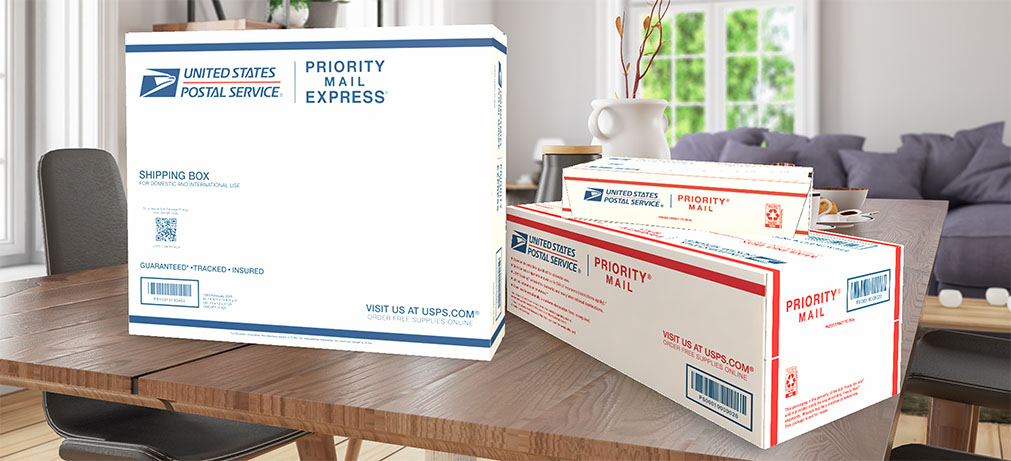 免费的 USPS 寄件物资供应，包括 PRIORITY MAIL FLAT RATE 包装盒和信封。