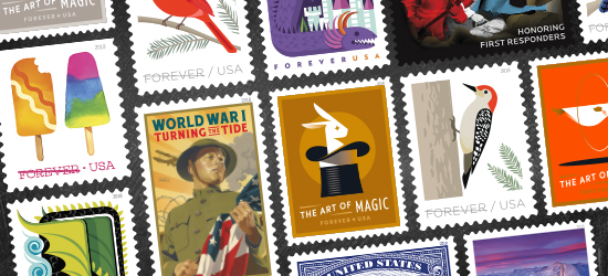 Variety of USPS stamps.