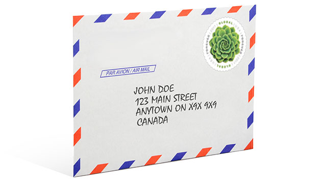 贴有 First-Class Global Forever® 邮票的 Air Mail 信封的图片。