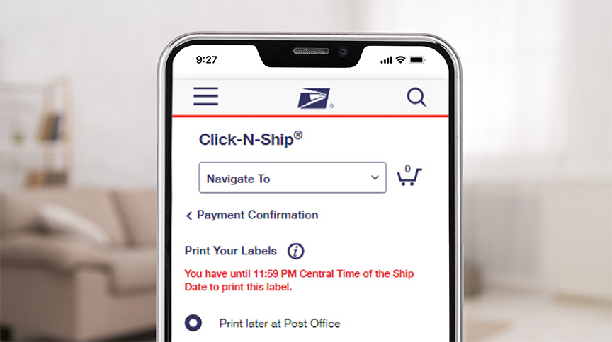 Click-N-Ship screen showing the option to 'Print later at Post Office.'