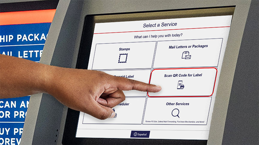 Hand pointing to the Label Broker menu option to 'Scan QR Code for Label' on a self-service kiosk.