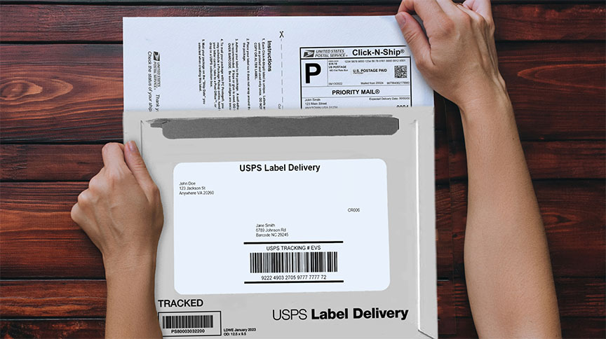 Person taking their custom-printed labels out of an envelope marked ‘USPS Label Delivery.'