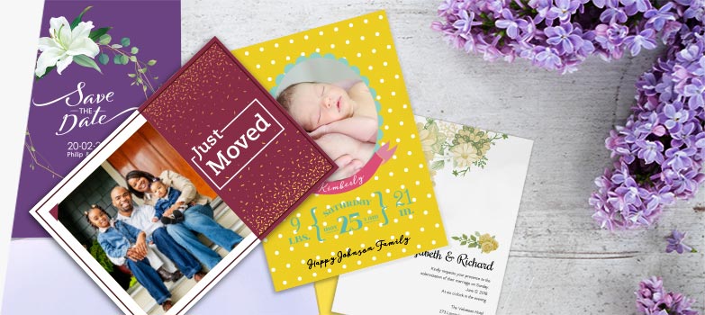colección de tarjetas postales e invitaciones con fotos personalizadas para anunciar una mudanza, una boda, la llegada de un bebé y otros acontecimientos especiales.