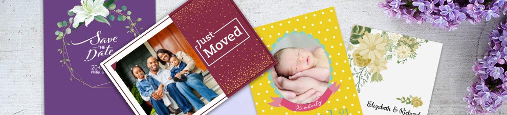 colección de tarjetas postales e invitaciones con fotos personalizadas para anunciar una mudanza, una boda, la llegada de un bebé y otros acontecimientos especiales.