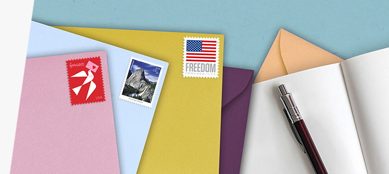 Assortment of First-Class Mail® envelopes with the Love, Espresso Drinks, and U.S. Flag stamps.