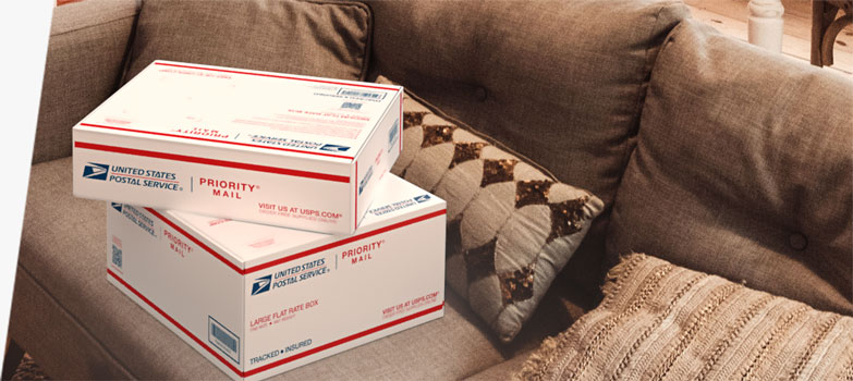 放在沙发上的两个 Priority Mail<sup>®</sup> 包装盒。